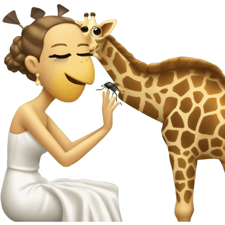 A giraffe kneeling down on one knee, proposing with a wedding ring to his girlfriend who is a fly emoji