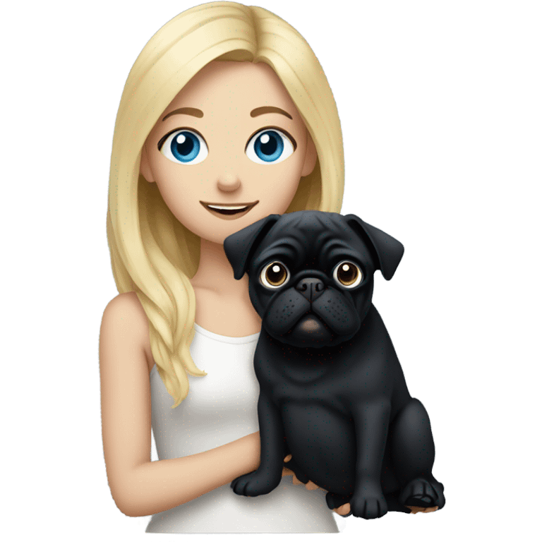 Girl with blonde hair and blue eyes holding a black pug emoji