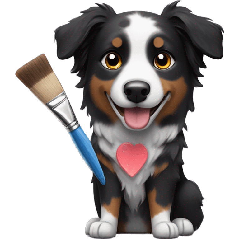 Small black australian shepherd dog with paintbrush and paint  emoji