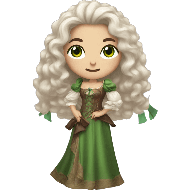 A woman with light skin, with green eyes, brown long wavy hair, dressed in a fantasy dress with fluffy sleeves, holding a bow for shooting emoji