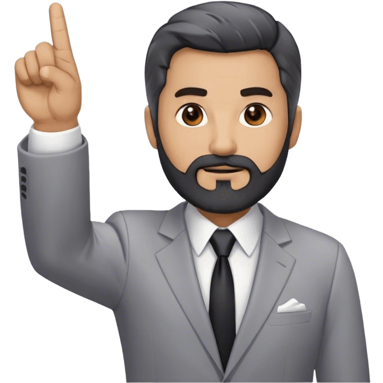 Emoji-style cartoon man, 50s, black beard with gray streaks and white, wearing a business suit. Raises right index finger upward (↑) to signal 'attention!' Looks Дмитрий Шумейко emoji