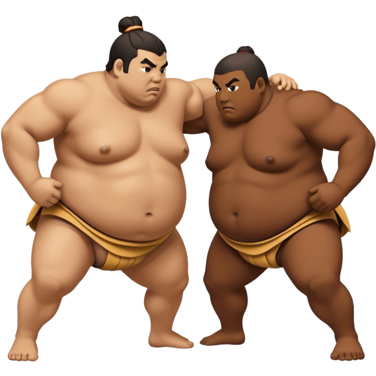 Cinematic Realistic Sumo Wrestling Emoji, depicted as an intense sumo match featuring powerful wrestlers in traditional mawashi, rendered with rich textures and dynamic dramatic lighting that captures the raw intensity of the sport. emoji