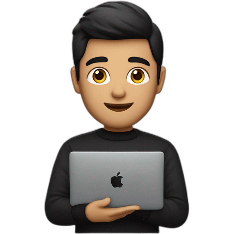 memoji of a man with a laptop in front, apple-style,modern,dark hair,black sweater,computer in hand, srilankan,  emoji