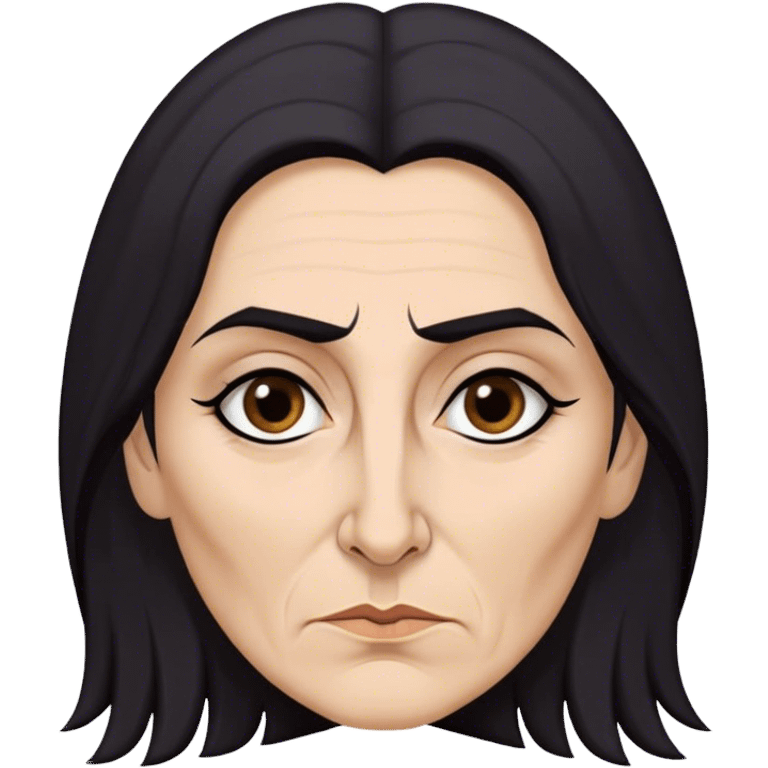 Mirri Maz Duur is a weathered, age 50 woman with deep-set dark eyes, high cheekbones, and a sharp nose, giving her a stern, knowing expression. Her long, unkempt dark hair  falls loosely over her shoulders emoji