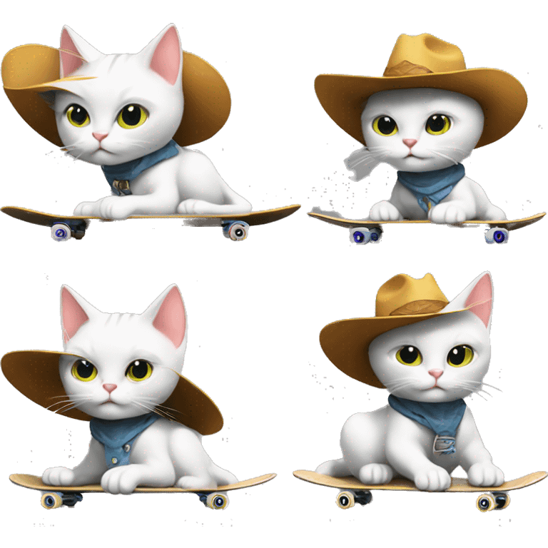 a cool cowboy cat on skateboard, lively, in motion, a white cate emoji