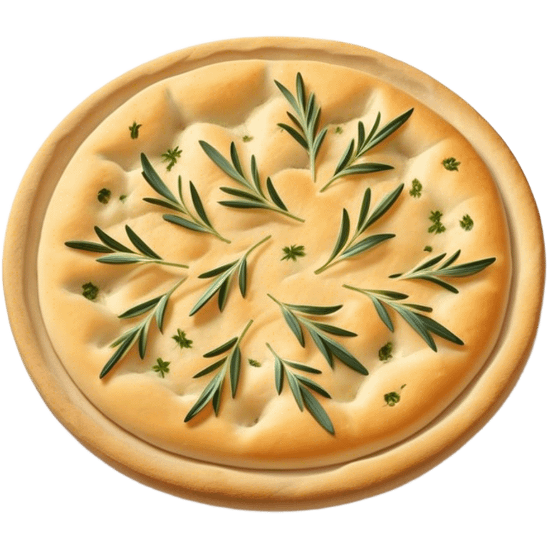 Cinematic Realistic Focaccia Bread Dish Emoji, depicted as a golden, olive oil brushed flatbread sprinkled with herbs rendered with lifelike texture and soft, appetizing lighting. emoji