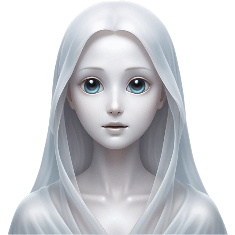 Cinematic Noble Ghost Portrait Emoji, Ethereal and dignified, with a flowing, translucent form in silvery-white hues, wispy and majestic, and a calm, otherworldly expression with deep, thoughtful eyes, simplified yet sophisticated features, highly detailed, glowing with a soft, spectral radiance, high shine, exuding regal mystery and quiet authority, with a soft glowing outline that captures the essence of a ghostly guardian drifting from another realm! emoji