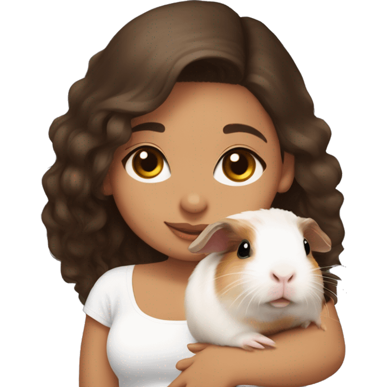 a Latina girl with long dark brown hair and light skin wearing a white tube top shirt snuggling a baby guinea pig emoji