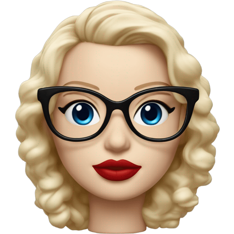  Bobble head Margot Robbie, bright blue eyes and winged eye liner, red kisses, wearing black glasses  emoji