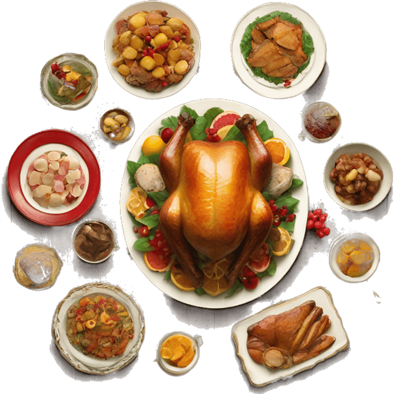 vintage wooden table with christmas feast of turkey and foods emoji