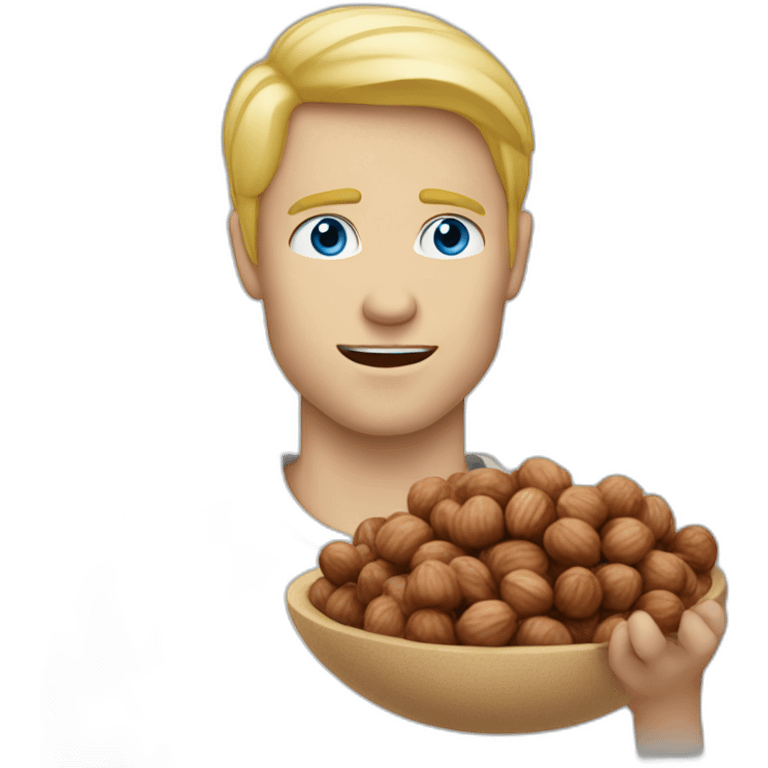 Blond man blue eyes eating big hazelnut emoji