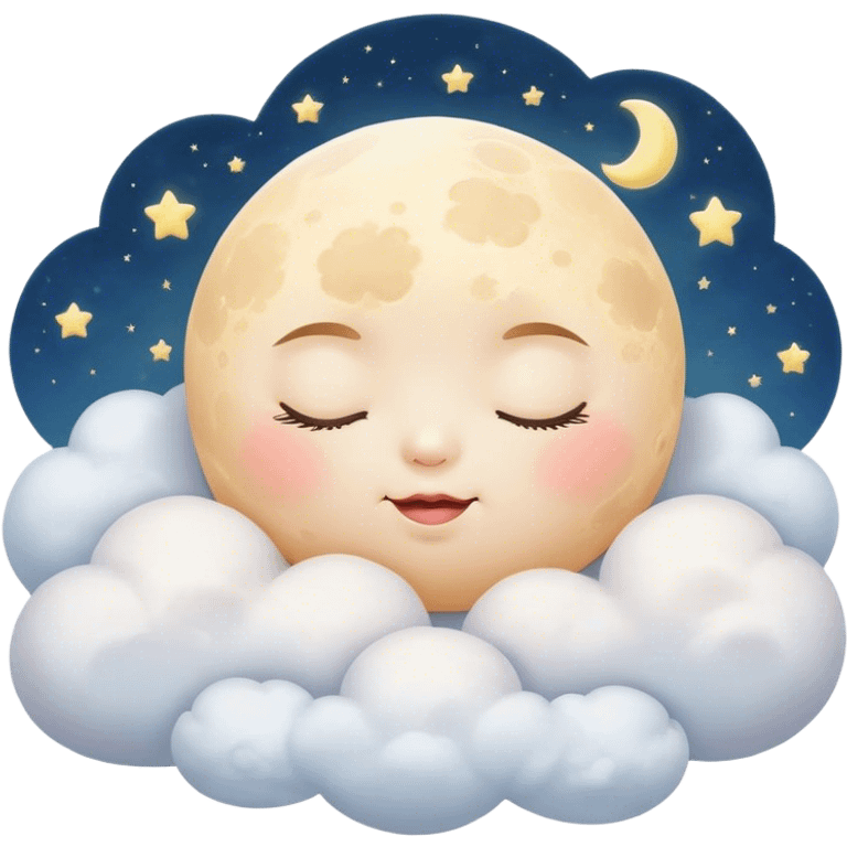 Cinematic adorable moon with a sleepy face, round and chubby, soft glowing light, tiny rosy cheeks, resting on a bed of fluffy clouds, dreamy and peaceful. emoji