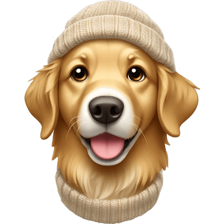 Golden retriever wearing brown and white knitted hat emoji