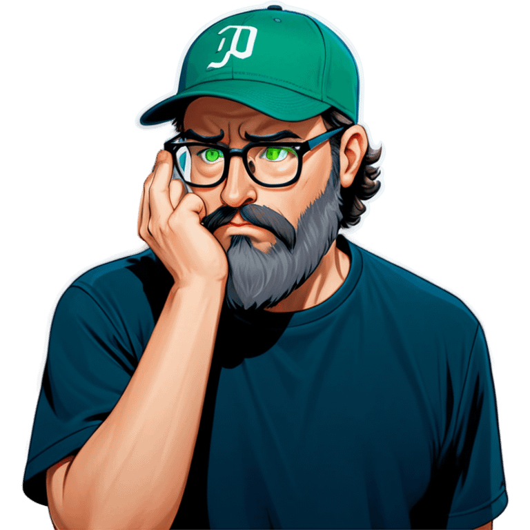 A man with a grey baseball cap, green eyes, big dark brown beard and glasses, facepalm emoji