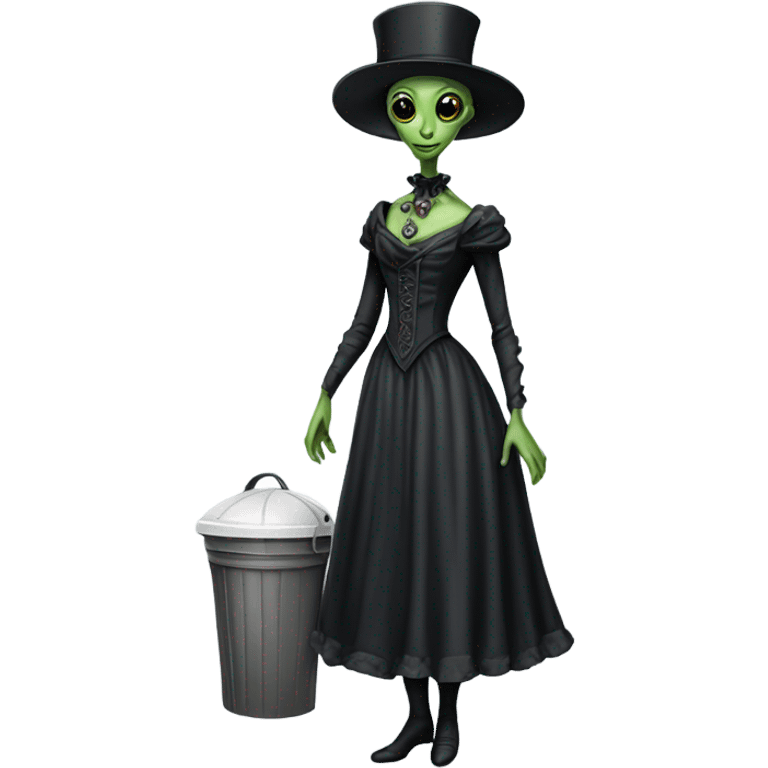 alien galora in Victorian dress elegant, full body, holding a trash bidon emoji