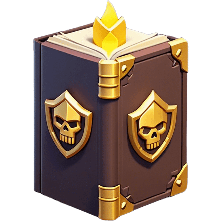 Clash of Clans aesthetic: Cinematic Playful 3D Isometric Spell Book Emoji, rendered in a 3D vector-style similar to standard emojis with minimal shading and bold, simplified shapes. A compact, distinct form with signature details, softly glowing with a fantasy RPG magic charm. Simplified yet unmistakably iconic, highly detailed and consistent, glowing with a soft radiance and high shine. Stylized with a touch of heroic grandeur and a soft glowing outline, capturing the essence of a beloved gaming relic with a friendly, playful manner! emoji