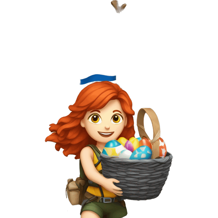 Female mountaineer red hair climbing with the real Greek flag and holding Easter eggs basket emoji