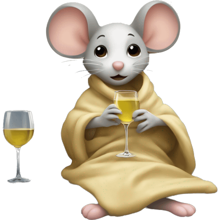 A cute girl mouse sitting in a sofa underneath a blanket holding a glass of white wine. The mouse in front of the tv watching netflix emoji