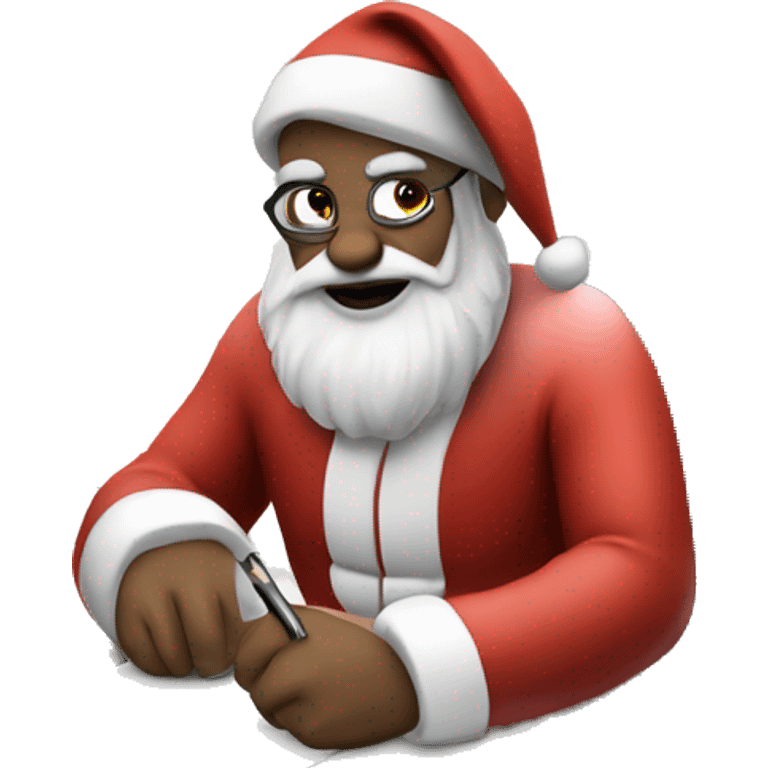 Santa is sitting on a desk, writing something down, solving complicated math problems in an exercise book emoji