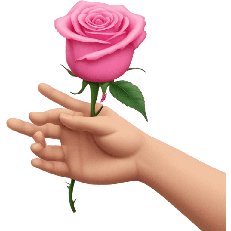 An image of a hand holding a pink rose, with a thorn piercing the skin, showing , symbolizing the pain of beauty or love emoji