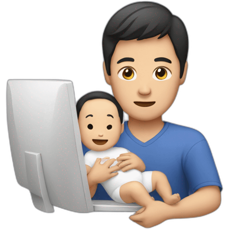 asian man on a computer holding a baby emoji