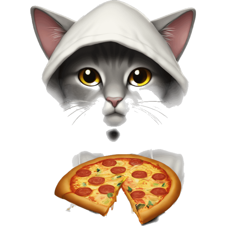 A hooded cat is holding btc in his hand , sweeter and Night-themes, Behind it is written pizza and JR crypto emoji