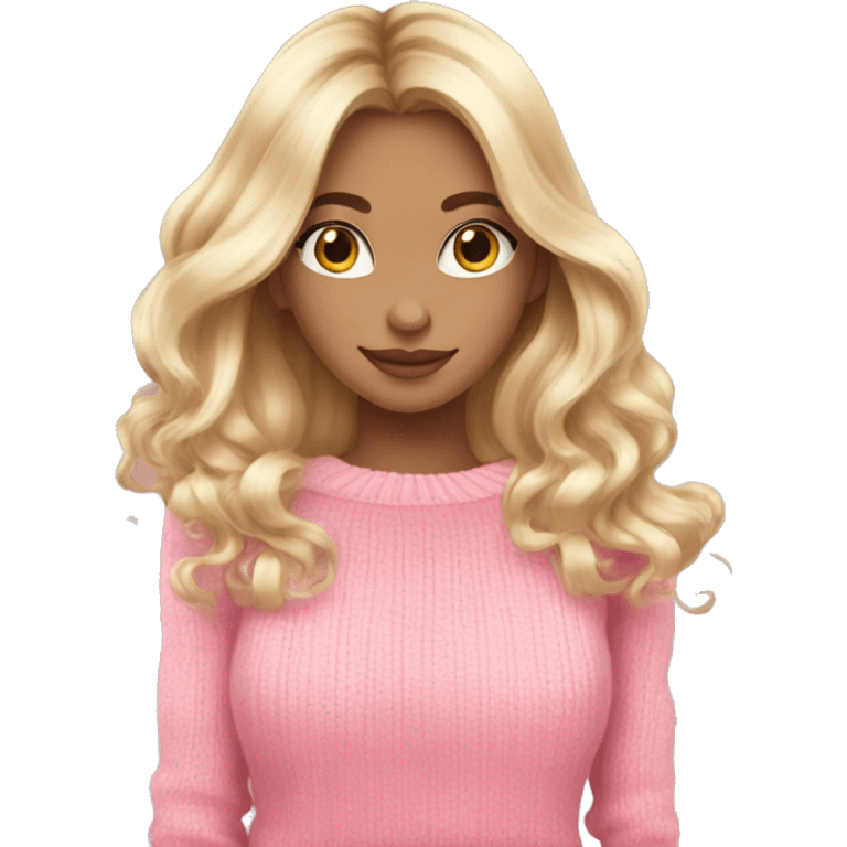 Blonde balayage long hair women pink sweater hugging emoji