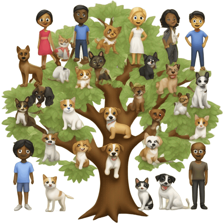 Family tree multirace  people, cats and dogs emoji