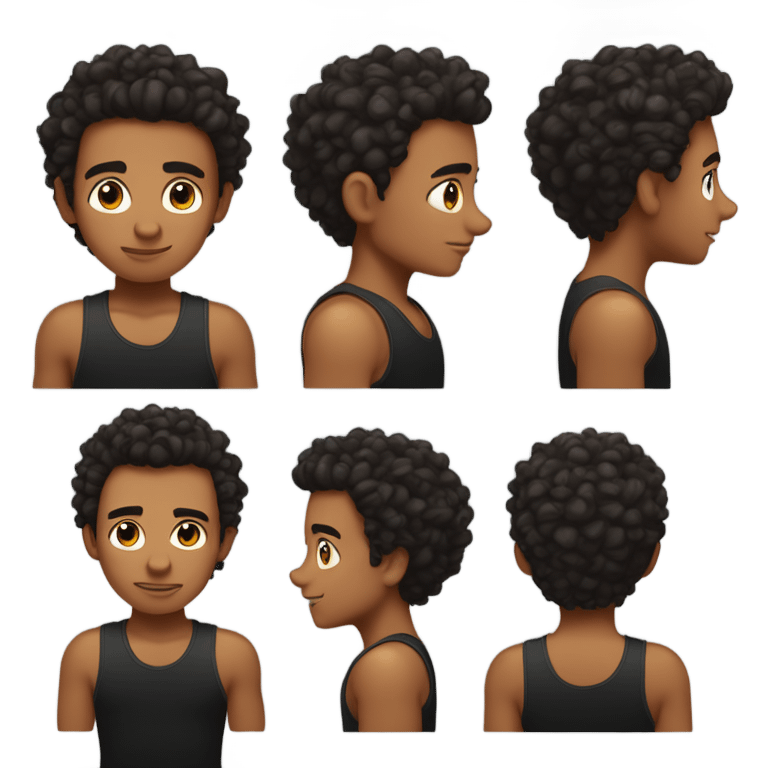 Boy with gradient hair on the sides and curly hair on top, dark brown eyes, wearing black tank top side hair shaved emoji