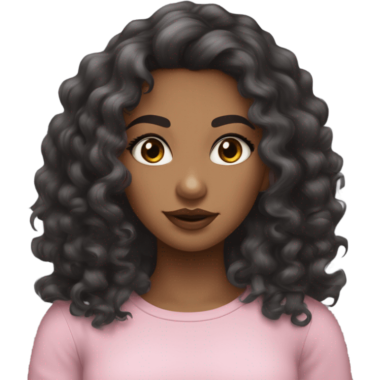 A tan girl with long black wavy-curly hair, brown eyes, long lashes, noticeable blush, pink lips, and a tight grey long-sleeve top. emoji