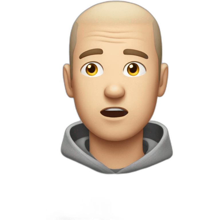 tired white man with buzz cut in gray sweatshirt and very terrified emoji