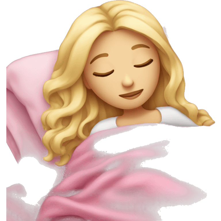 blonde girl sleeping on side with pink blanket emoji