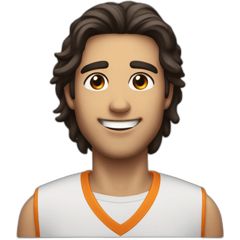 He has an athletic presence and a charming smile that lights up his face. He is tall, with shoulder-length dark hair, small brown eyes with a small nose, and a large mouth. emoji