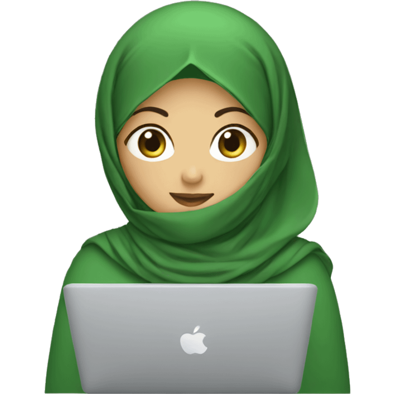 asian hijabi using MacBook with green hijab emoji