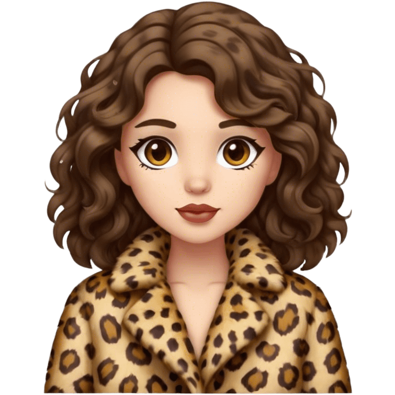 Brunette girl with wavy hair in leopard fur coat  emoji