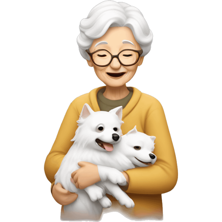 an old lady hugging a white spitz dog emoji