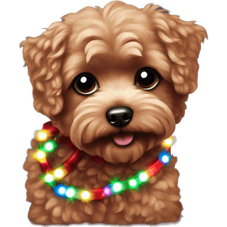 Dark Red maltipoo with Christmas lights decorated around its neck emoji