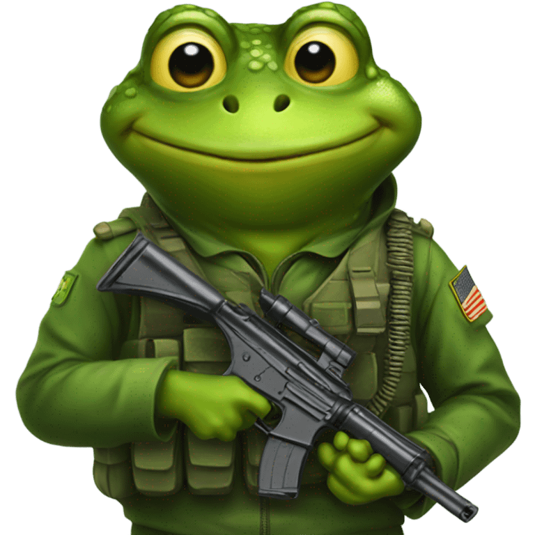 A frog with a gun and army suit emoji