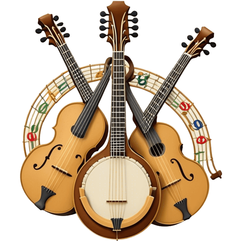 Design a sophisticated and festive emblem-like emoji representing plucked and stringed instruments. The layout should resemble a heraldic crest, featuring iconic instruments like a banjo, mandolin, domra, and sitar, artistically arranged in an elegant and symmetrical way. The necks of the instruments should be intertwined with a flowing ribbon of musical notes, winding around the strings and fretboards. The design should be detailed, showcasing the intricate carvings on the instruments, visible strings, and fret markers. Use a rich color palette with deep golds, browns, and vibrant accents to evoke a sense of luxury and celebration. The musical notes should appear to float around the instruments, connecting them in a graceful, dynamic way. Include ornate flourishes or decorative elements like laurels, swirls, or subtle engravings to give the image a professional, emblematic appearance. The background should be transparent. emoji