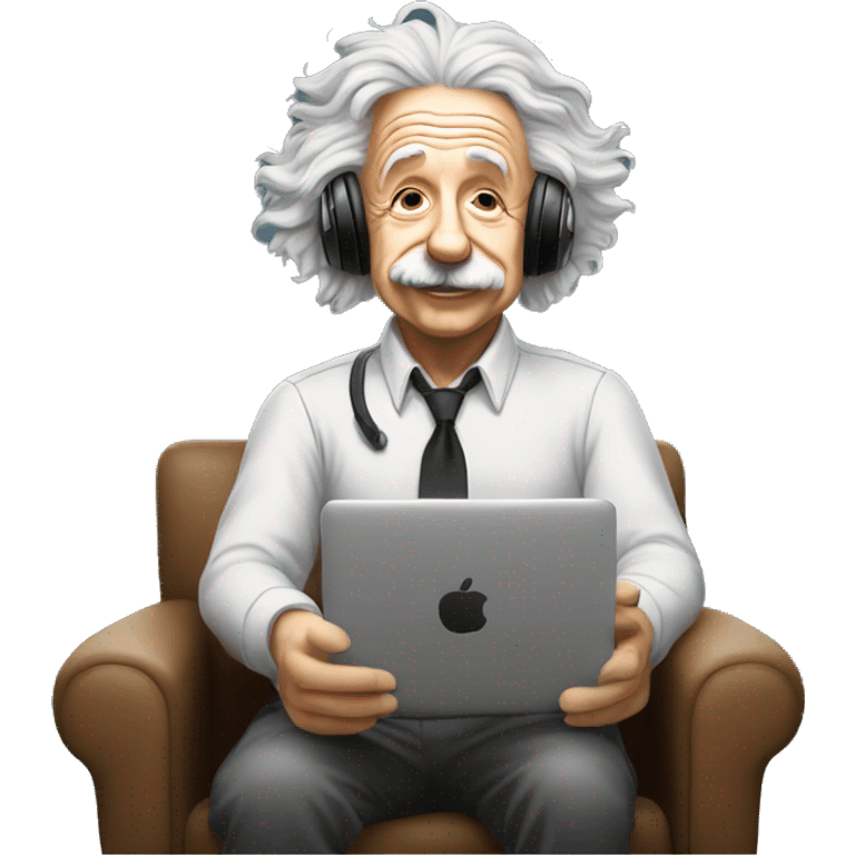 albert einstein happy listening music with wireless headphones while sitting on the chair emoji