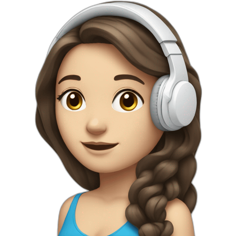 brunette white girl with long hair blue eyes listening to music with her phone in her hand with white wired headphones  emoji