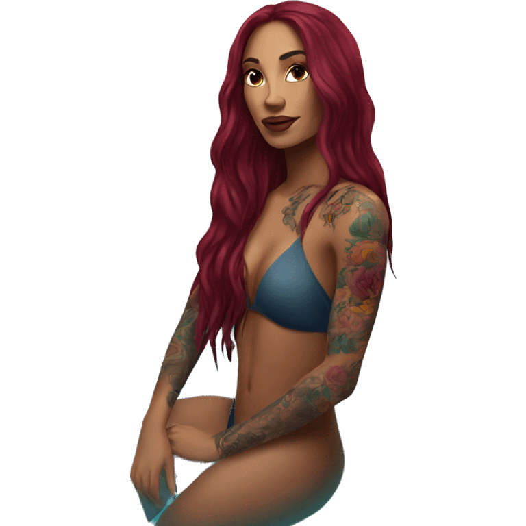 Beautiful tattooed  burgundy long haired woman swimming in a pool emoji