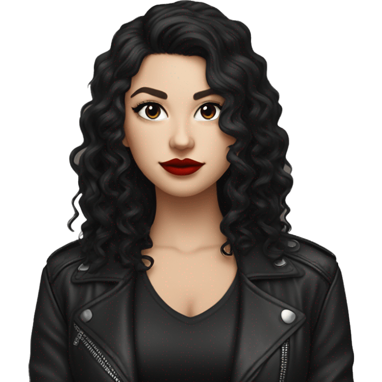 White girl, with long curly black hair, with red lipstick, black winged eyeliner, wearing black shirt and black leather jacket emoji