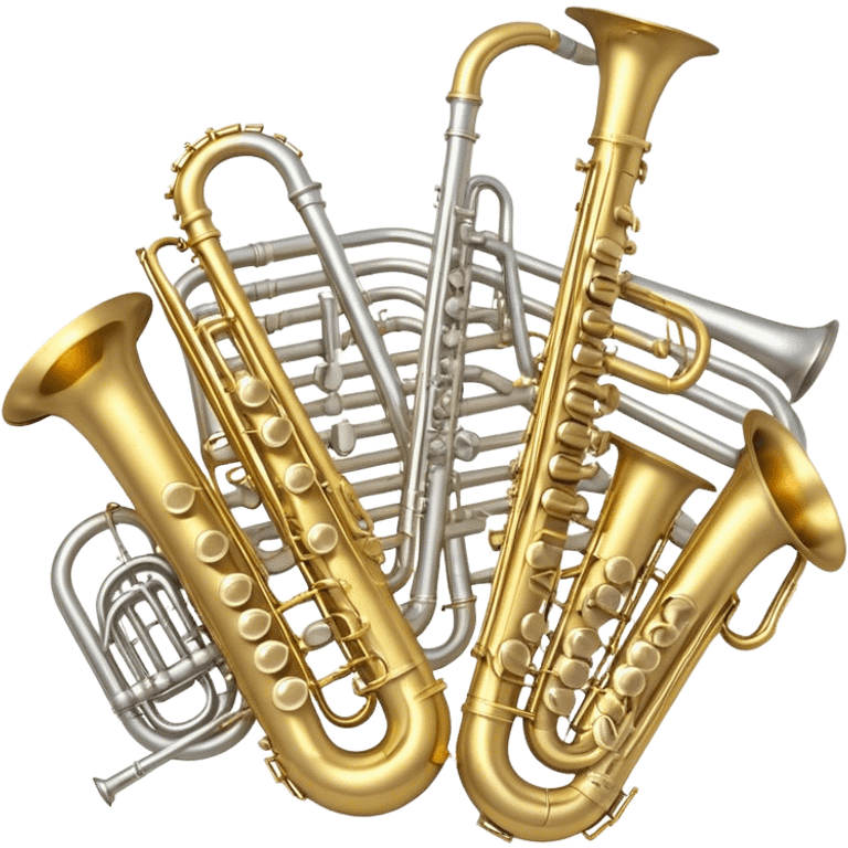 Create a professional, harmonious emoji collage symbolizing wind instruments.  The instruments should be in metallic gold, silver, and brass tones, with subtle reflections to convey a professional and polished appearance. Add soft musical notes or soundwaves to surround the instruments, creating a sense of movement and sound. The background should be transparent, ensuring all instruments are the focus and the composition remains harmonious and balanced. emoji