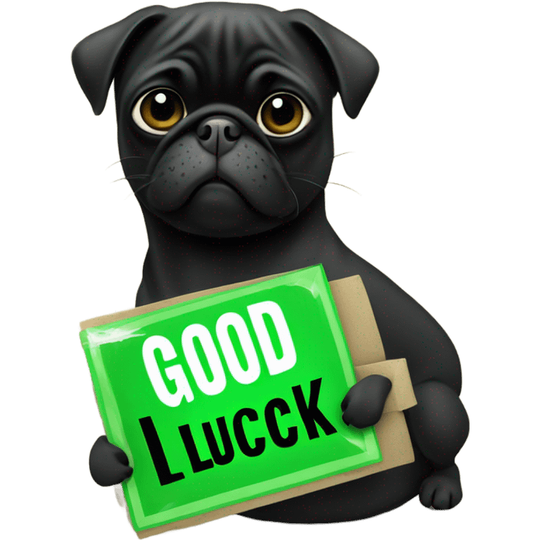 Black pug holding a green sign that says good luck  emoji