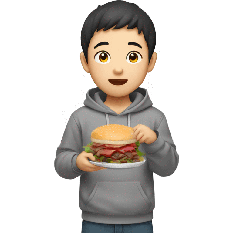 asian boy in grey hoodie eating beefsteak emoji