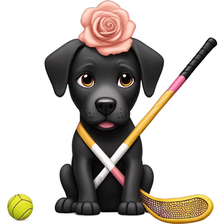 Black lab pitbull mix playing field hockey with a rose gold field hockey stick emoji