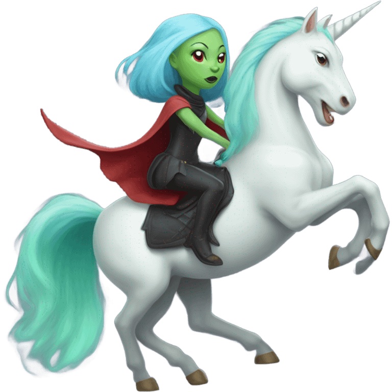 [politically incorrect, (
	{ female, alien, witch, color: light green, hair:red, eyes:cat} ]
	on a 
	[{ unicorn: white, legged:four, mane: light blue }]) emoji