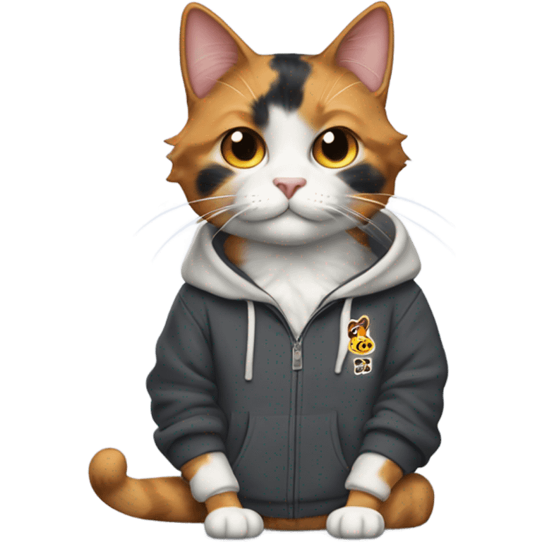 Calico cat wearing a sweatshirt that says “I bite ankles”  emoji