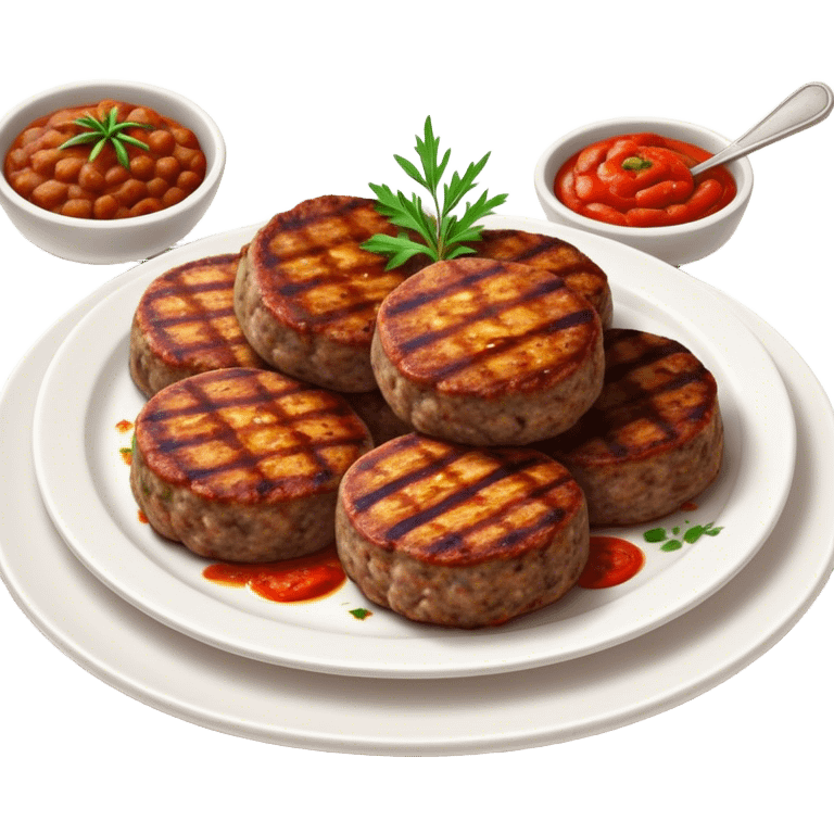 Cinematic Realistic image of Turkish Köfte, presented as perfectly formed, spiced meat patties with detailed textures and subtle grill marks, arranged artfully on a simple plate and illuminated by warm, appetizing lighting that accentuates their savory appeal. emoji